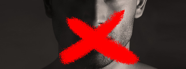 Image showing Protest, man and cancel culture sign on mouth with censorship for bullying, violence and social media on black background. Silence, person and letter on lips with support for solidarity in studio