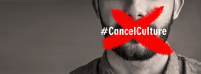 Image showing Cancel culture, man and protest sign on mouth with censorship for bullying, violence and social media with mockup space. Silence, person and words on lips with support for solidarity in studio