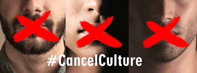 Image showing Mouth, overlay and cancel culture with silence, people and group in closeup, crime and justice. Men, woman and red cross overlay on lips, shush and stop talking for protest, human rights or power