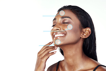 Image showing Happy woman, face and skincare science with overlay on mockup space in hygiene, dermatology or cosmetics. Female person, model and scientific graphic in cosmetology, beauty makeup or facial genetics