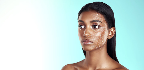 Image showing Makeup, change and facial recognition with woman, beauty and skincare on a white studio background. Person, thinking and model with cosmetics, face scan and futuristic treatment for healthy skin