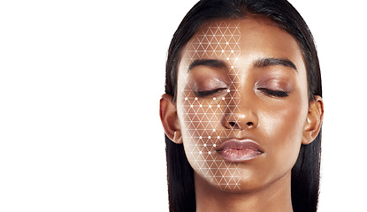 Image showing Woman, face and skincare science with overlay on mockup space in hygiene, dermatology or cosmetics. Futuristic person, model and scientific technology in cosmetology, beauty makeup or facial genetics