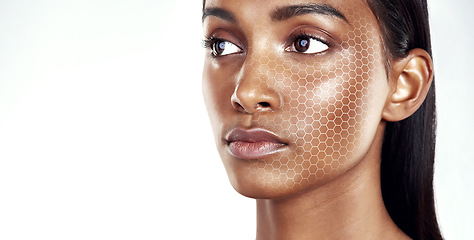 Image showing Beauty, mockup and facial recognition for skincare with a woman in studio isolated on white background. Skin, hologram and space with a model scanning her face for makeup automation or innovation