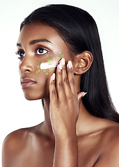 Image showing Cream formula, skincare and a woman on a white background for futuristic wellness and dermatology. Molecule, innovation and an Indian girl with sunscreen or cosmetics for expert facial health