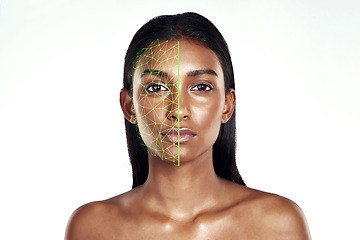 Image showing Portrait, beauty and facial recognition for skincare with a woman in studio isolated on white background. Technology, hologram and skin with a model scanning her face for change or transformation