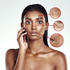 Image showing Skincare, pointer and portrait of woman for wrinkles, acne problem or closeup of spots or zoom of cosmetics texture, Magnifier and model with glow, beauty or dermatology results on a white background