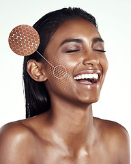 Image showing Happy, pores and a woman for skincare evaluation, acne search or cosmetic exam on a white background. Smile, laughing and face of an Indian girl with closeup to wrinkles or process of treatment