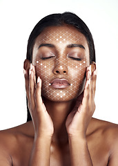 Image showing Beauty, technology and facial recognition for skincare with a woman in studio isolated on white background. Skin, hologram or change with a model scanning her face for makeup automation or innovation