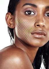 Image showing Portrait, change and facial recognition for beauty with a woman in studio isolated on white background. Skincare, hologram and a model scanning her face for makeup innovation, transformation or tech