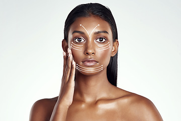 Image showing Studio portrait, plastic surgery lines and woman feel beauty filler results, facial transformation change or skincare collagen. Dermatology care, arrow or face of aesthetic person on white background