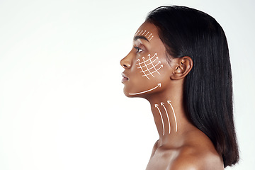 Image showing Face profile, plastic surgery lines and woman for beauty filler, cosmetics treatment or facial skincare collagen. Mockup advertising space, arrow and aesthetic studio person on white background