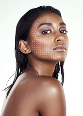 Image showing Portrait, beauty and facial recognition for skincare with a model in studio isolated on a white background. 3D face scan, change or transformation with a woman rendering her skin for digital makeup