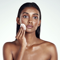 Image showing Skincare, science and woman face with cotton swab, overlay or cosmetic wellness on white background. Molecule innovation, facial and portrait of futuristic Indian model with swab for beauty cleaning