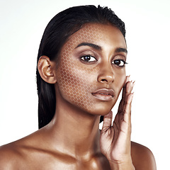 Image showing Woman, portrait and skincare with overlay on face in beauty, dermatology or makeup against a white studio background. Female person or model in cosmetics or facial treatment in cosmetology or science