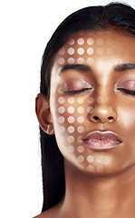 Image showing Beauty, 3D face scan and a woman in studio isolated on white background for transformation. Skincare, hologram and facial recognition with a model using technology for makeup automation or innovation