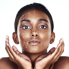 Image showing Portrait, change and facial recognition for skincare with a model in studio isolated on a white background. 3D face scan, beauty or transformation with a woman rendering her skin for digital makeup