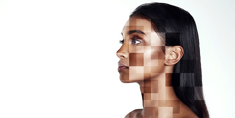 Image showing Beauty, profile and facial recognition for skincare with a woman in studio isolated on white background. Space, hologram and change with a model scanning her face for makeup technology or innovation