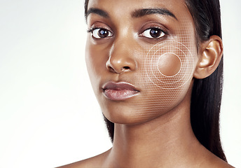 Image showing Portrait, target and facial recognition for skincare with a woman in studio isolated on white background. Beauty, hologram and digital with a model scanning her face for makeup innovation or change