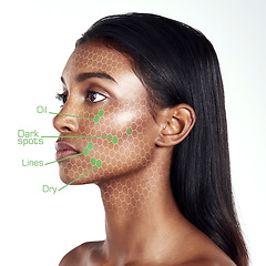 Image showing Skincare, science and face of woman in studio with skin cell, cosmetics and overlay on white background. Beauty, genetics and female model with facial projection for oil, dark spots and fine lines