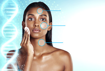 Image showing Skincare, science and cotton on woman face in studio with dna, genetics or checklist overlay on technology background. Beauty, facial and portrait of model with innovation, swab or cosmetic cleaning
