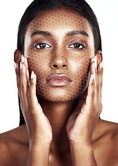 Image showing Portrait, beauty and digital transformation for skincare with a woman in studio isolated on white background. Facial recognition, change and a model scanning her face for makeup rendering innovation