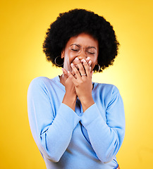 Image showing Sad, mental health and crying face of black woman in studio or yellow background with depression, crisis and pain. Sadness, mockup and person with stress, anxiety and expression of grief or emotion