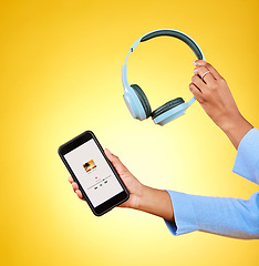 Image showing Music, hands and phone and headphones on app for a streaming service. Audio, technology and person with a mobile app for the radio or listening to a podcast online for UI screen on yellow background