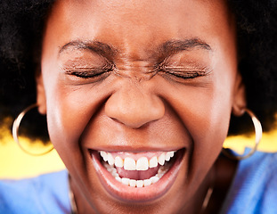 Image showing Zoom of excited, happy and face of black woman on yellow background for good news, wow and surprise. Emoji, winner and person in studio with big smile for announcement, winning and omg expression