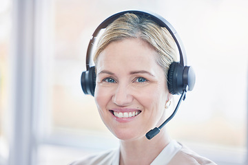 Image showing Call center, portrait and woman, consultant or agent in telemarketing, customer support or services. Face of worker for business communication, professional chat or virtual e commerce and contact us