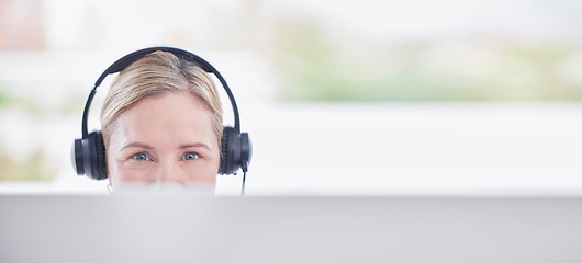 Image showing Woman, call center and computer with communication mockup, customer service and online support consultant. Portrait of agent, worker or telecom employee on desktop pc on contact or e commerce banner