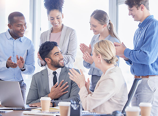 Image showing Business people, applause and meeting success, support or thank you and achievement, praise or promotion on laptop. Professional group of men and women clapping for winner congratulations and bonus