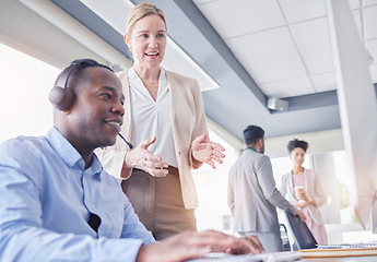 Image showing Manager, people training and call center teamwork or communication, telemarketing and computer support. Business consultant or agent advice on desktop for help, collaboration and corporate planning