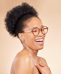 Image showing Beauty, laugh and happy black woman in studio for natural cosmetics, satisfaction or feel good wellness on brown background. Smile, laughing and African lady model excited about skincare glow results