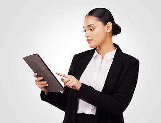 Image showing Studio, woman and lawyer working with tablet for online news, research and work information on website or white background. Reading, mobile app and typing law notes, report or email feedback