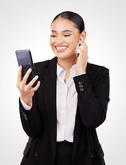 Image showing Business woman, video call and phone for social media networking, online meeting or opportunity in studio. Professional worker or happy employee with virtual communication or chat on white background