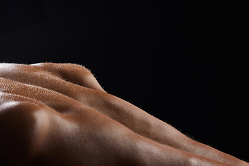 Image showing Man, back and sweat on athlete skin in workout, exercise or body builder with strong, muscle in pushup in closeup. Dark, background and texture of anatomy of person with fitness or training in macro