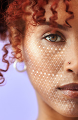 Image showing Portrait, eye and a facial recognition for beauty with a woman on a purple background in studio. Skincare, innovation and rendering with a young model scanning her face for change or transformation