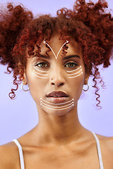 Image showing Studio portrait, plastic surgery lines and woman with cosmetics, facial aesthetic and medical beauty treatment. Skincare, collagen filler arrow and patient face transformation on purple background