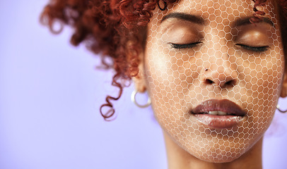 Image showing Skincare, mockup and a facial recognition for beauty with a woman on a purple background in studio. Face, future and innovation with a young model scanning her skin for change or transformation