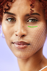 Image showing Skincare, facial recognition and rendering for beauty with a woman on a purple background in studio. Technology, future and innovation with a model scanning her face for change or transformation