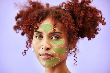 Image showing Skincare, overlay and portrait of woman for beauty, facial treatment and wellness in studio. Dermatology, mockup and hologram on person for anti aging, oily face and cosmetics on blue background