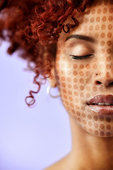 Image showing Skincare, technology and a facial recognition for beauty with a woman on a purple background in studio. Face, future and innovation with a young model scanning to render her skin for transformation