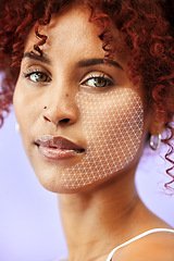 Image showing Portrait, skin and a facial recognition for beauty with a woman on a purple background in studio. Skincare, future and innovation with a young model scanning her face to render for transformation