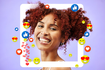 Image showing Social media, frame and portrait of woman in post, blog or profile picture of influencer with support of online audience. Happy, face and model in studio background with border or website overlay