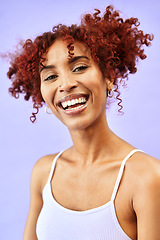 Image showing Smile, fashion and happy woman with aesthetic beauty, style and hair isolated in a studio purple background. Hairstyle, makeup and portrait young person with luxury, care and cosmetic for skincare