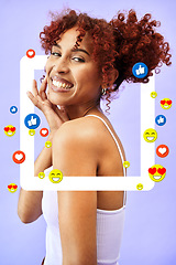 Image showing Social media, portrait and woman in a frame for a post, blog or profile picture of influencer with support of online audience. Happy, face and model in studio background with border or website banner