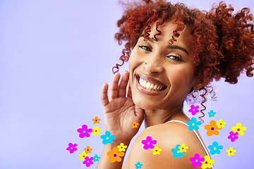 Image showing Beauty, flowers and icon portrait of woman in studio for skin care, dermatology and cosmetics. Healthy and natural face of model with creative floral art, overlay or emoji on purple background space