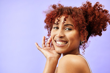 Image showing Smile, face and portrait of woman with aesthetic style, beauty and hair isolated in a studio purple background. Hairstyle, makeup and happy young person with luxury, care and cosmetic for skincare