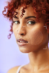 Image showing Portrait, beauty and skin technology for pigment with a woman in studio on a purple background closeup. Face, skincare and rendering with a young model scanning her cheek for plastic surgery