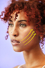 Image showing Studio face, plastic surgery lines and woman with dermatology cosmetics, silicone aesthetic change and beauty treatment. Grid, salon filler arrow and client facial transformation on purple background